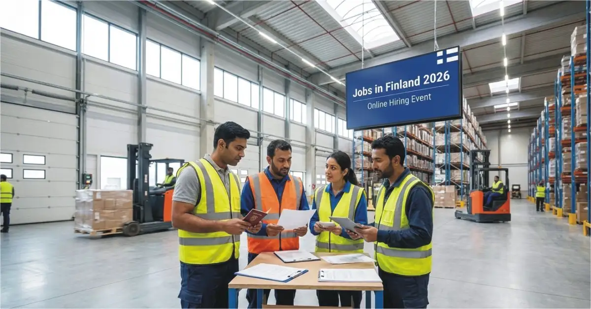 Migrant workers reviewing documents at a logistics warehouse hiring event in Finland, 2026.