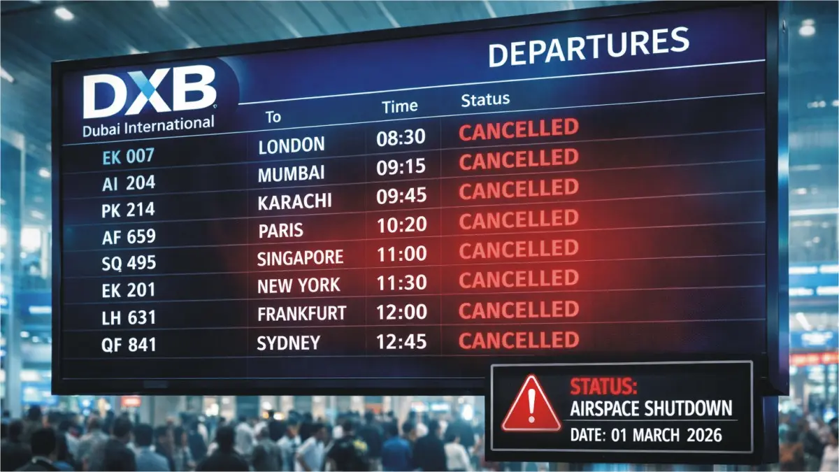 Dubai Airport (DXB) cancellations due to Middle East conflict airspace shutdown, March 1, 2026.