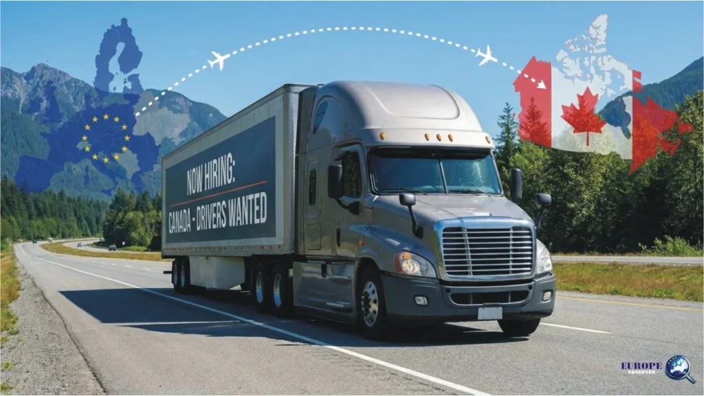 European Truck Driver? Why Canadian Companies are Coming to Europe for Jobs in Canada This March 5 Transport truck on a highway displaying 'Now Hiring: Canada' alongside European Union and Canadian maps with a flight path