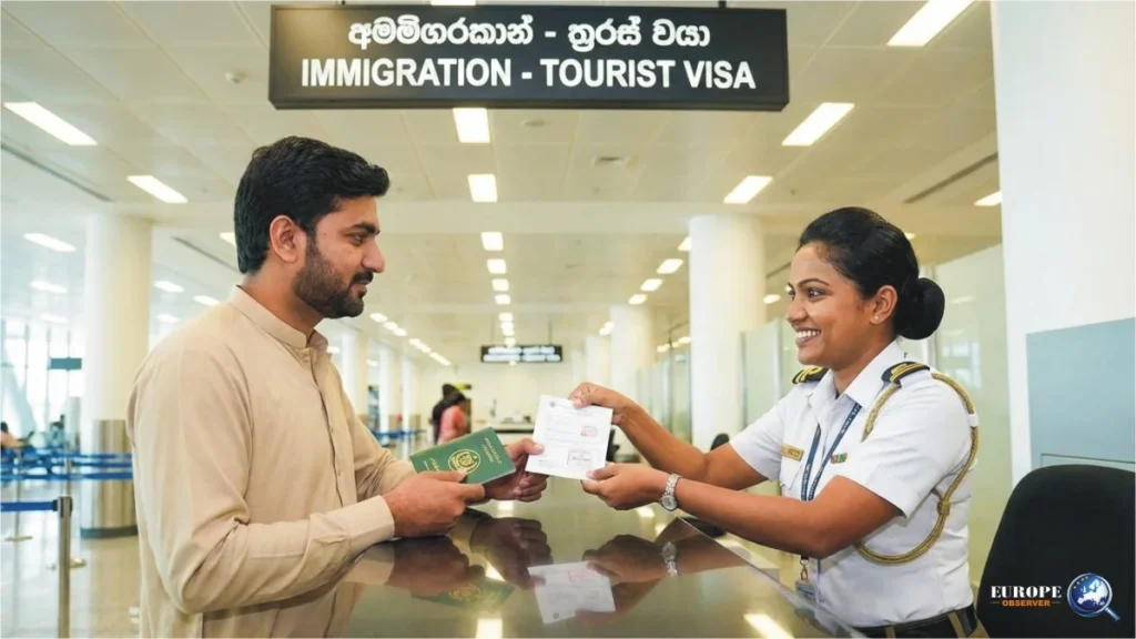 Sri Lanka Lifts Visa Ban: New Easy Rules For Pakistanis 5 a pakistani man on sri lankan airport immigration counter, immigration officer is welcoming the traveler after lifting of visa ban