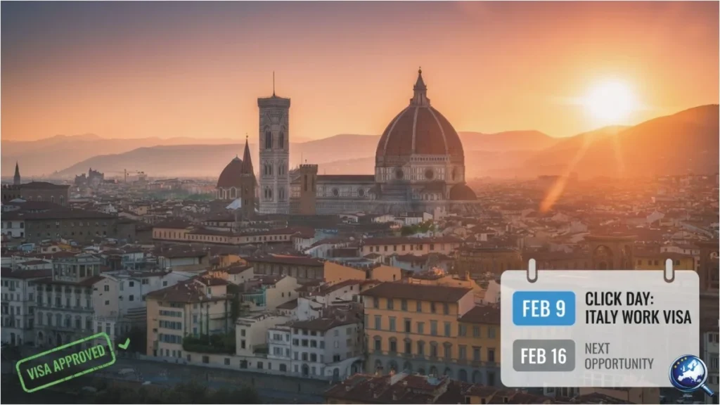 A high-resolution 16:9 graphic of the Florence skyline at sunset with a calendar overlay showing Italy Work Visa Click-Day dates for February 9 and February 16, 2026