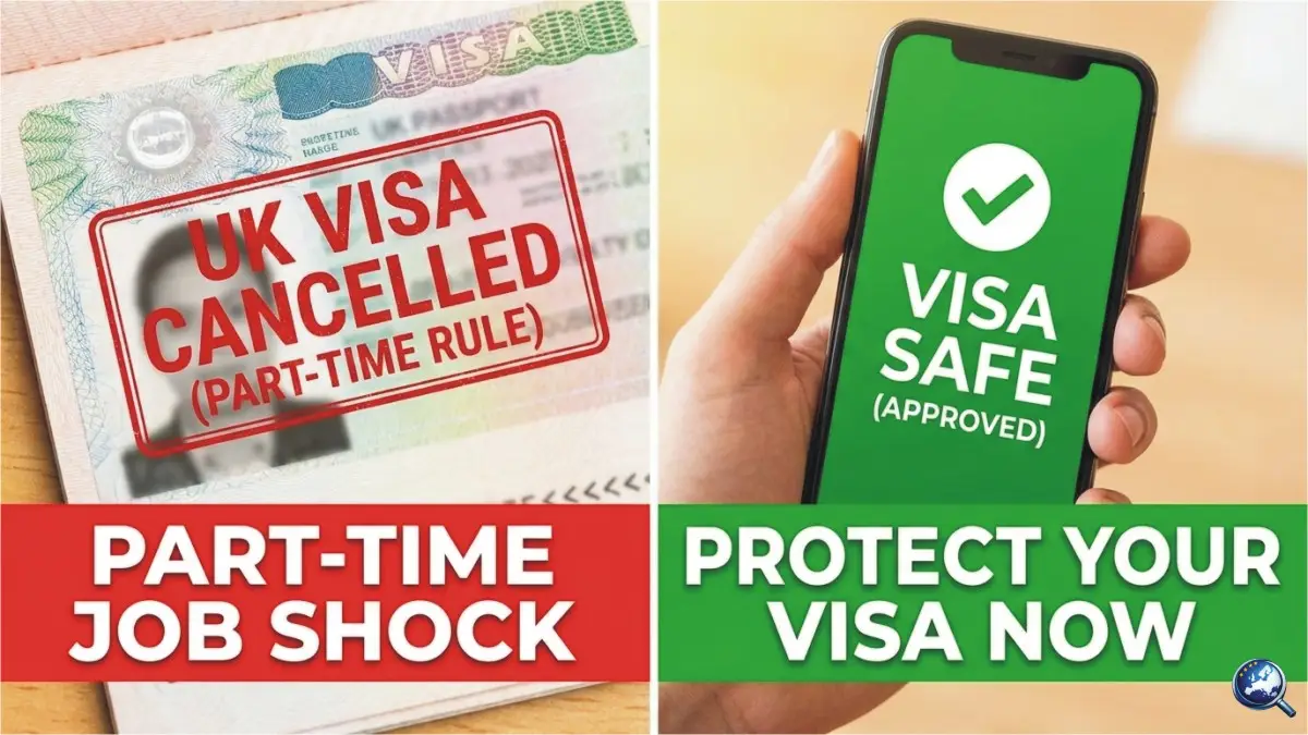A split-screen infographic comparing UK visa outcomes. On the left, a UK passport page is stamped with a red 'UK VISA CANCELLED (PART-TIME RULE)' mark under the text 'PART-TIME JOB SHOCK'. On the right, a hand holds a smartphone displaying a green checkmark and 'VISA SAFE (APPROVED)' status under the text 'PROTECT YOUR VISA NOW', illustrating new compliance rules.