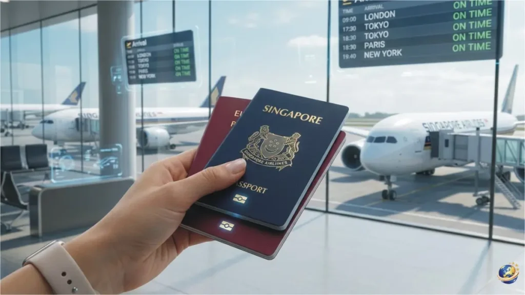 World's Strongest Passports 2026: See the 6 Winners with the Most Travel Freedom 1 Two passports held in front of a modern 2026 airport departure board showing global destinations