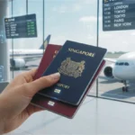 Two passports held in front of a modern 2026 airport departure board showing global destinations