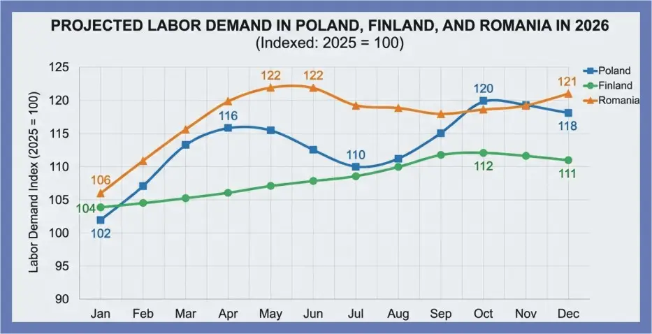 labor demand in Poland Finland and Romania for 2026