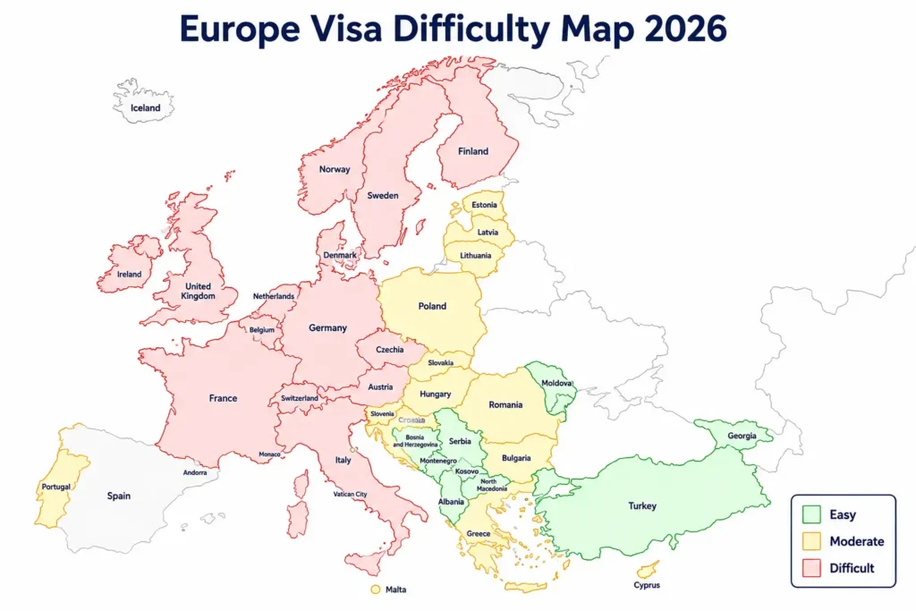 Europe Visa Predictor 2026 - Check Your Visa Approval Chances Before Applying in 2 Minutes 5 Europe visa difficulty tier list 2026 — easiest to hardest countries for tourist visa