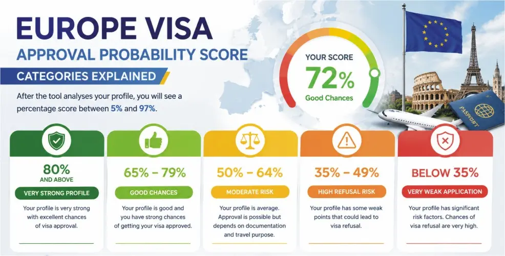 Europe Visa Predictor 2026 - Check Your Visa Approval Chances Before Applying in 2 Minutes 3 Europe visa approval probability score categories explained