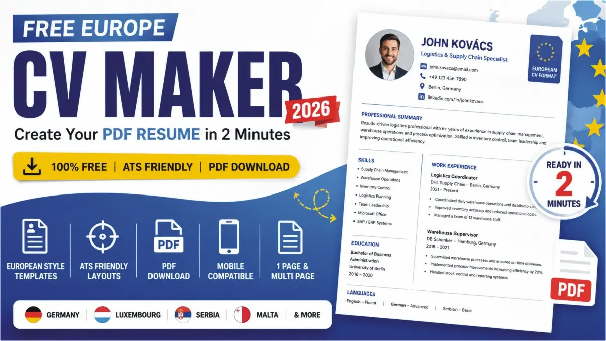 Free European CV Maker 2026: Create Your PDF Resume in 2 Minutes