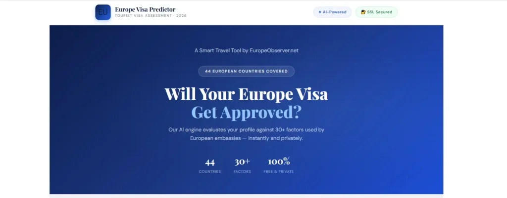 Europe Visa Predictor 2026 - Check Your Visa Approval Chances Before Applying in 2 Minutes 2 Europe Visa Predictor tool which shows approval probability score