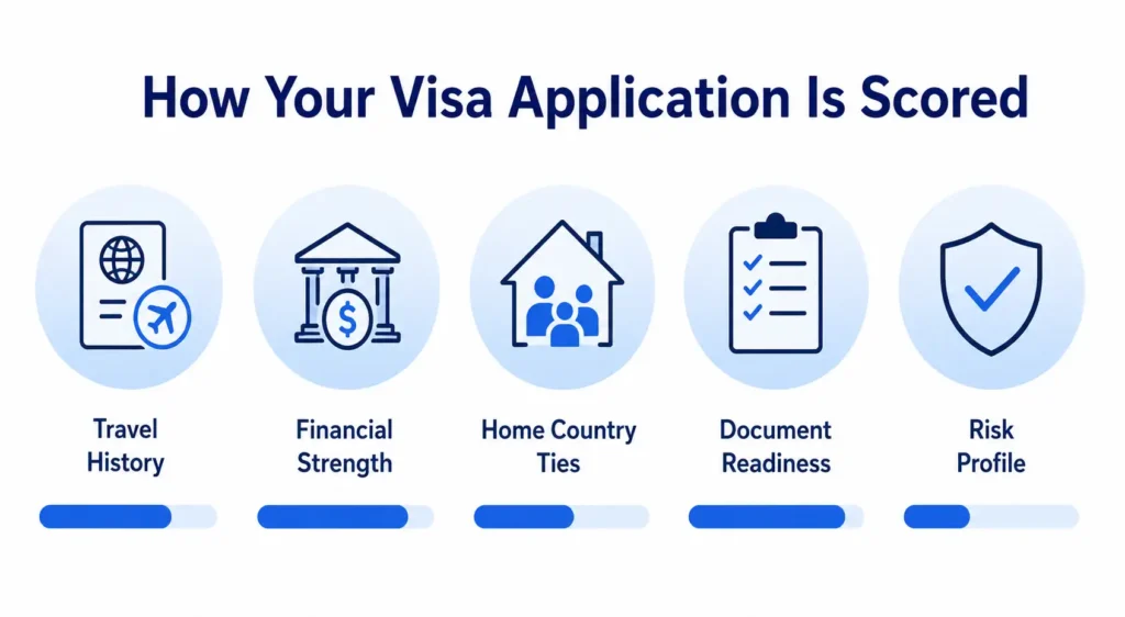 Europe Visa Predictor 2026 - Check Your Visa Approval Chances Before Applying in 2 Minutes 4 Five factors used to score Europe visa application — travel history, financial strength, home ties, documents, risk profile