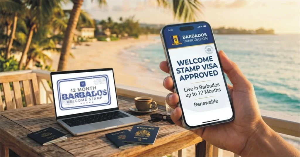 laptop screen showing Barbados Welcome Stamp Visa official portal and a cell phone screen showing Barbados welcome stamp visa approved status