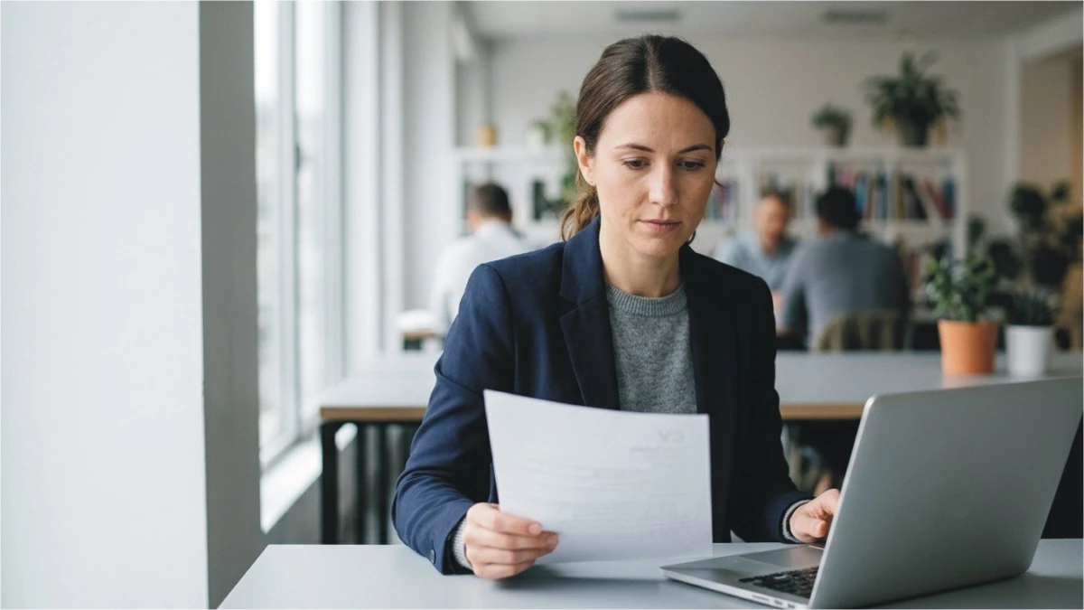 professional reviewing CV resume document at desk